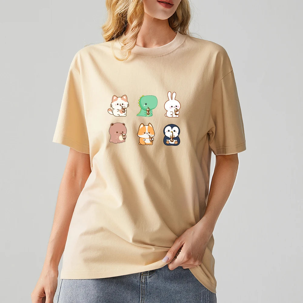 Boba Lovin Friends Loose Cotton T-Shirts Bobo&#39;s House Camel S 