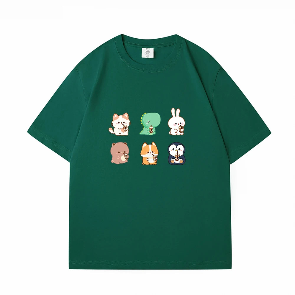 Boba Lovin Friends Loose Cotton T-Shirts Bobo&#39;s House Deep Green S 