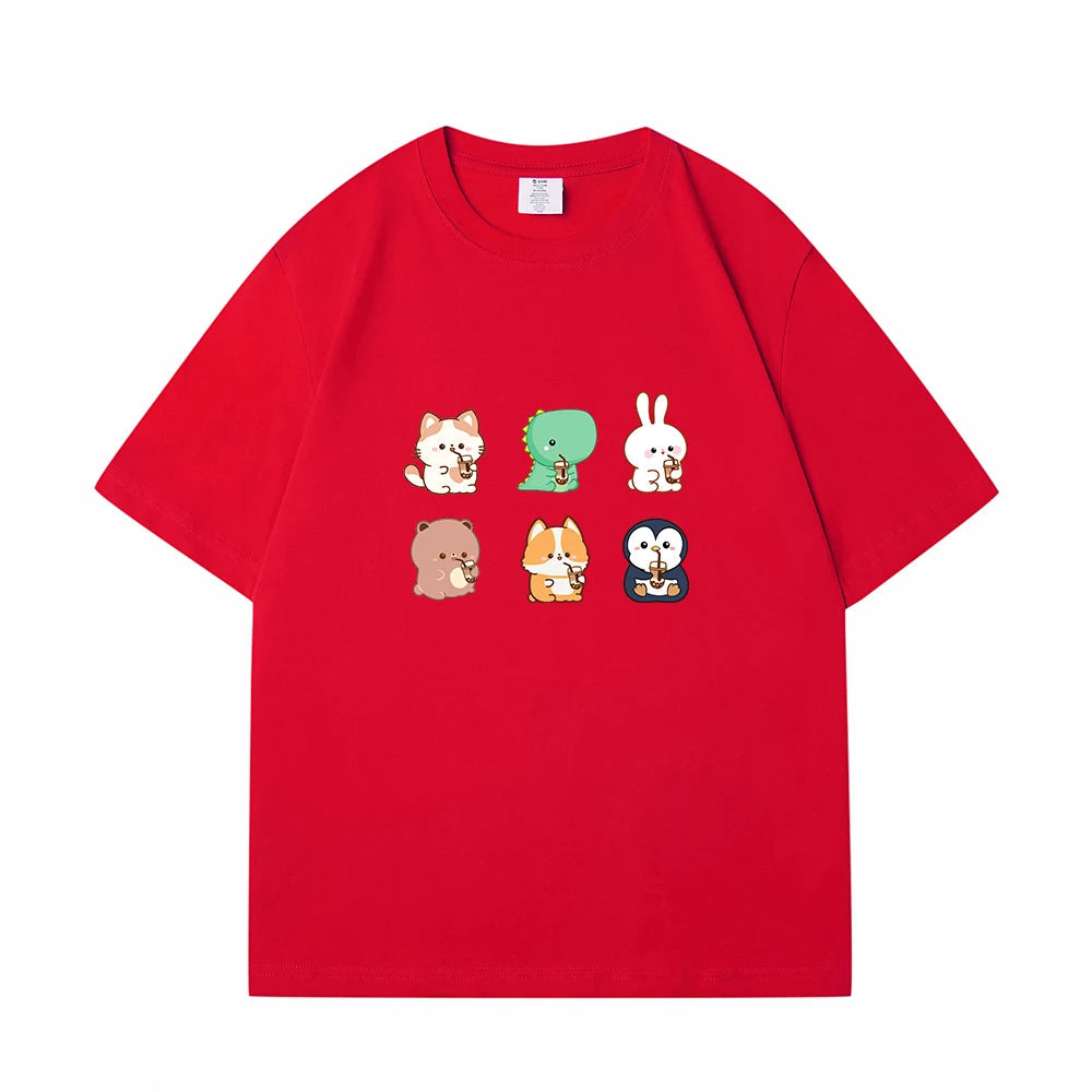 Boba Lovin Friends Loose Cotton T-Shirts Bobo&#39;s House Red S 