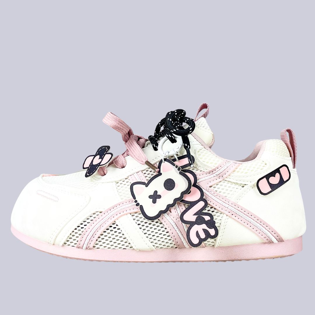 靴 Yukina Kawaii Lovesick Kawaii Cat White Mesh Sneakers – Women's – Bobo's House