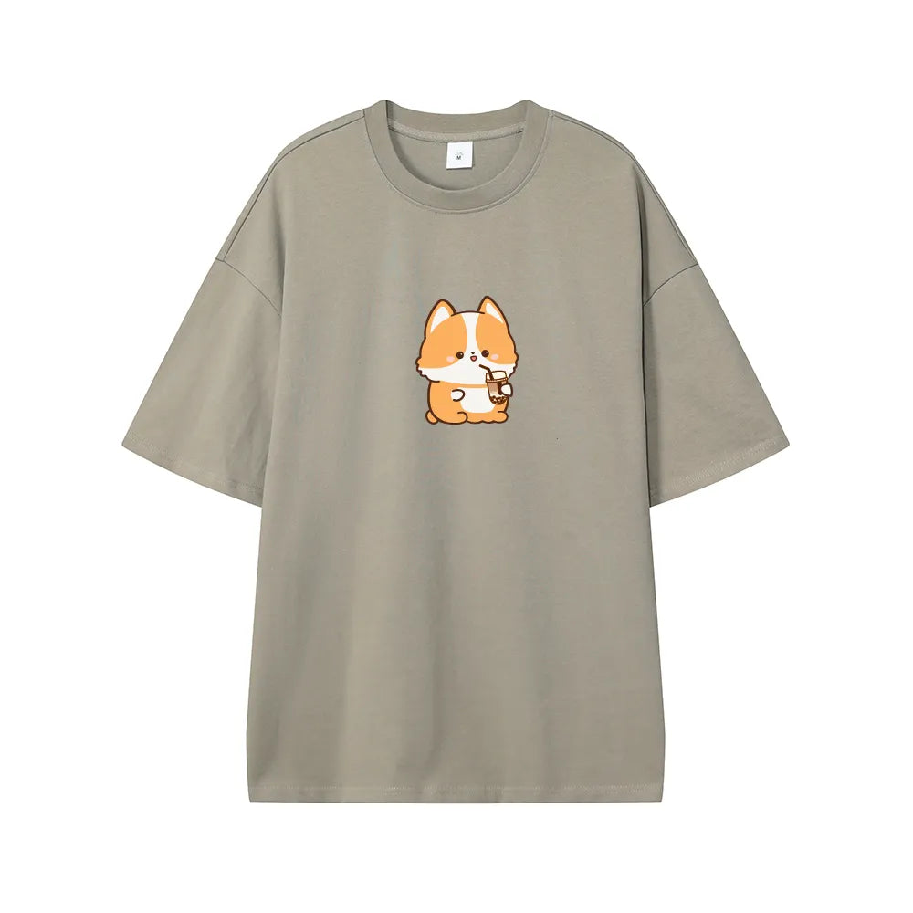Boba Lovin Corgi Oversized Drop Shoulder T-Shirt Bobo&#39;s House Dusty beige XS 