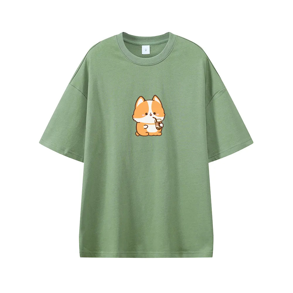 Boba Lovin Corgi Oversized Drop Shoulder T-Shirt Bobo&#39;s House Green XS 