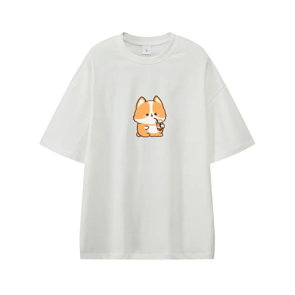 Boba Lovin Corgi Oversized Drop Shoulder T-Shirt Bobo&#39;s House White XS 