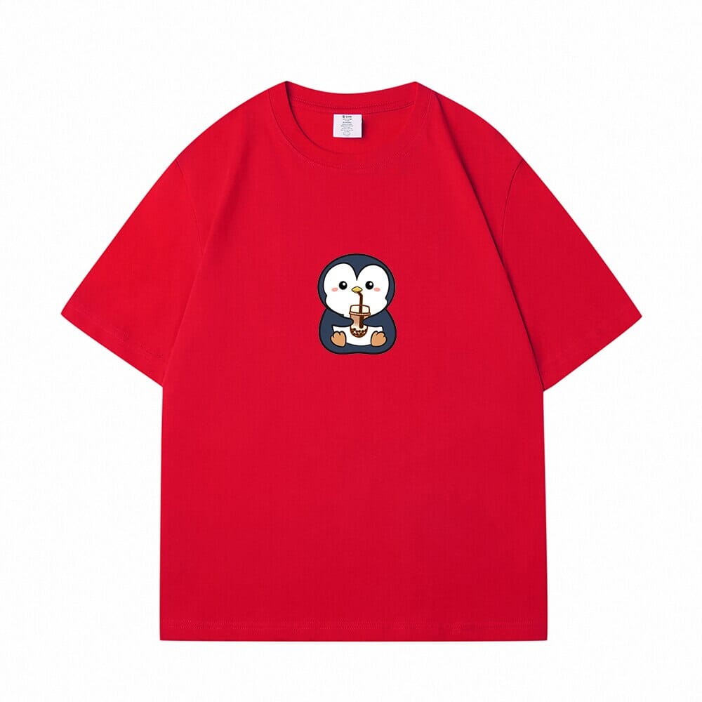 Boba Lovin Penguin Loose Cotton T-Shirts 0 Bobo&#39;s House Red S 