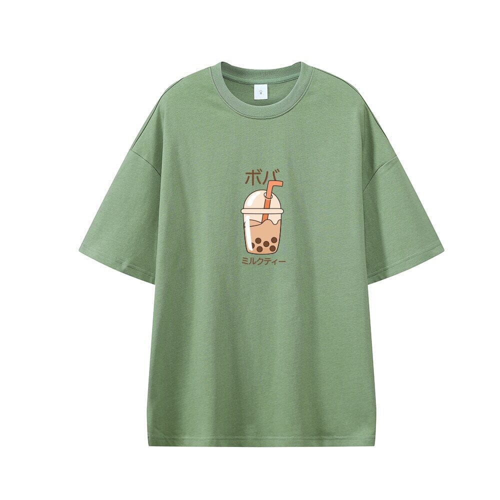 Boba Milk Tea Oversized Drop Shoulder T-Shirt 0 Bobo&#39;s House Green XS 