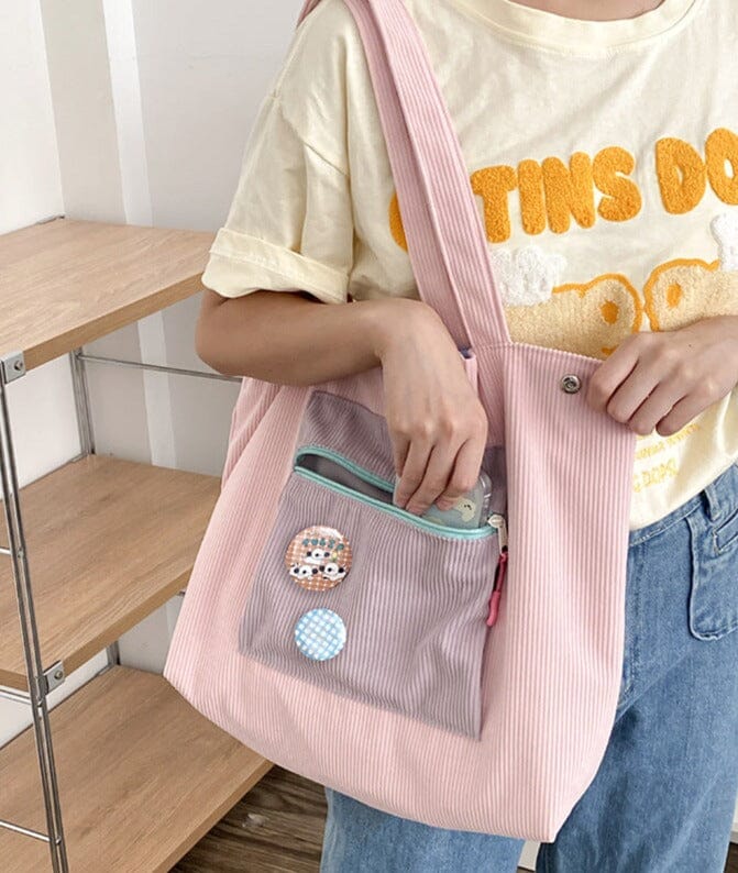 Casually Cute Colorblock Corduroy Shoulder Bag backpack Bobo&#39;s House Pink 