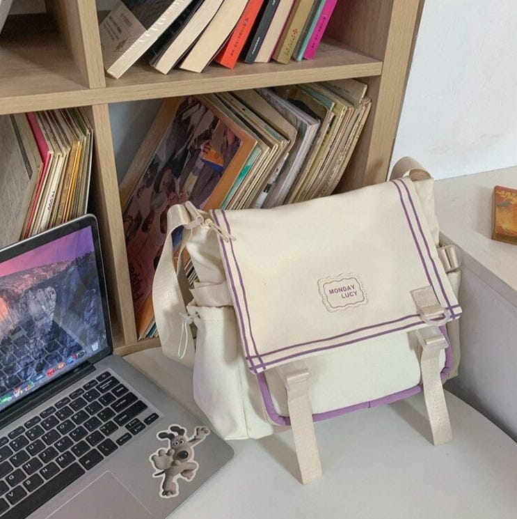 Classy Commuter Canvas School Bag backpack Bobo&#39;s House White and Purple Stripe 