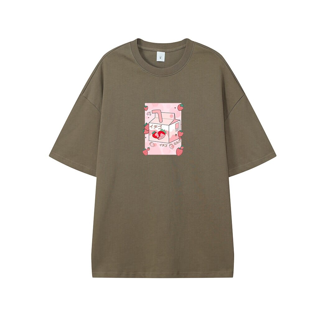 Kawaii Strawberry Milk Box Oversized Drop Shoulder T-Shirt 0 Bobo&#39;s House Dusty Concrete XS 