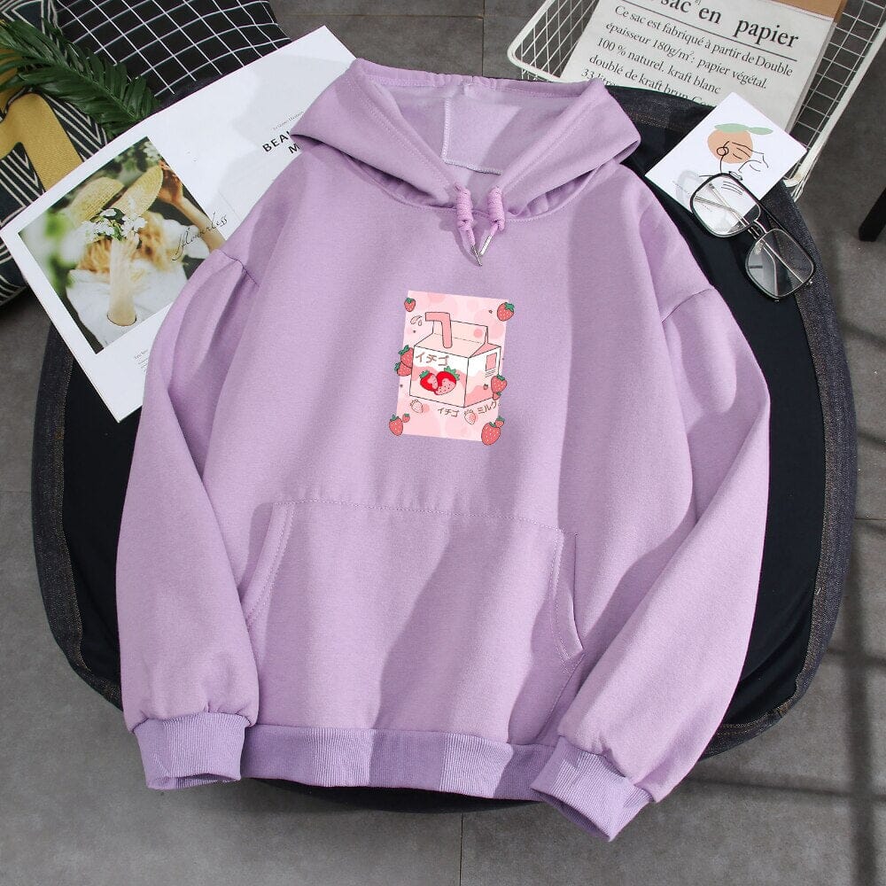 Kawaii Strawberry Milk Soft Hoodie 0 Bobo&#39;s House Purple S 