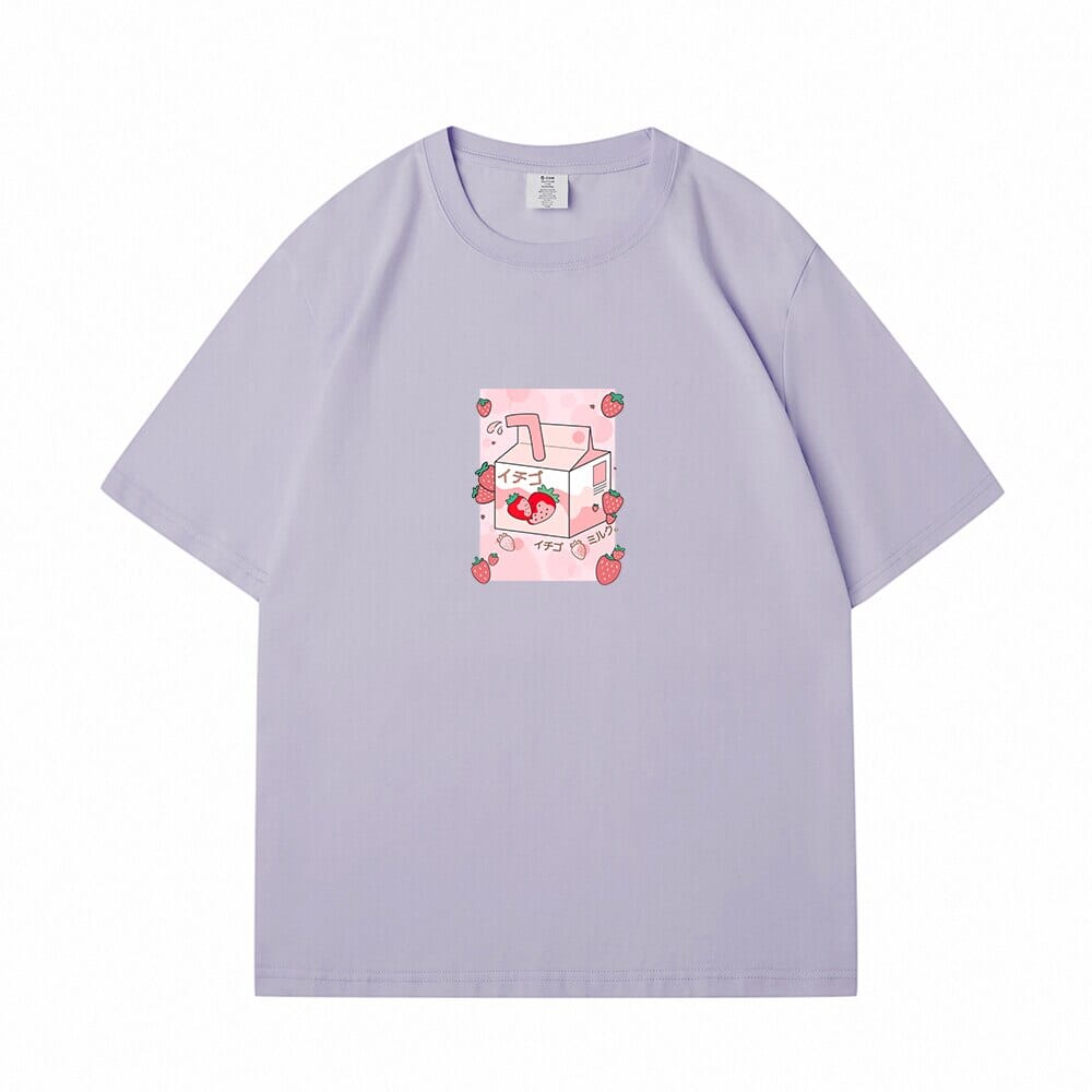 Kawaii Strawbery Milk Box Loose Cotton T-Shirts 0 Bobo&#39;s House Purple S 