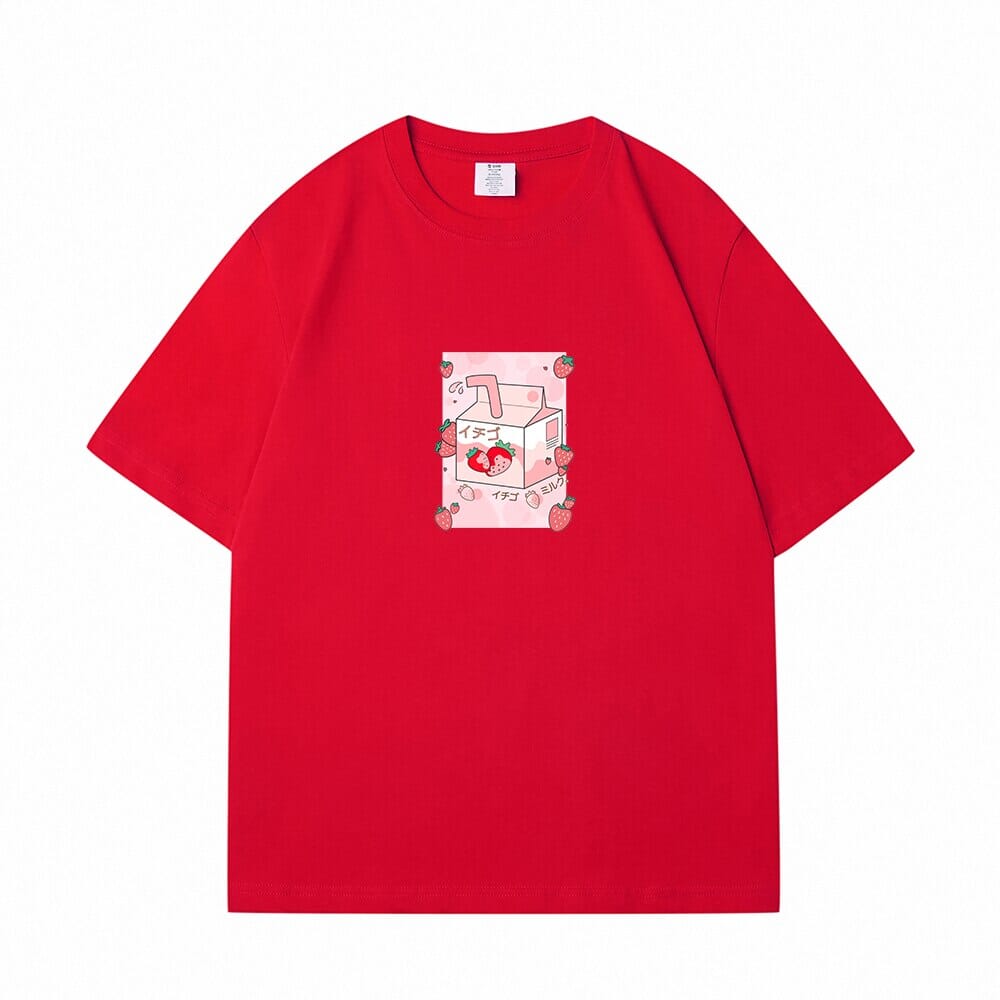 Kawaii Strawbery Milk Box Loose Cotton T-Shirts 0 Bobo&#39;s House Red S 