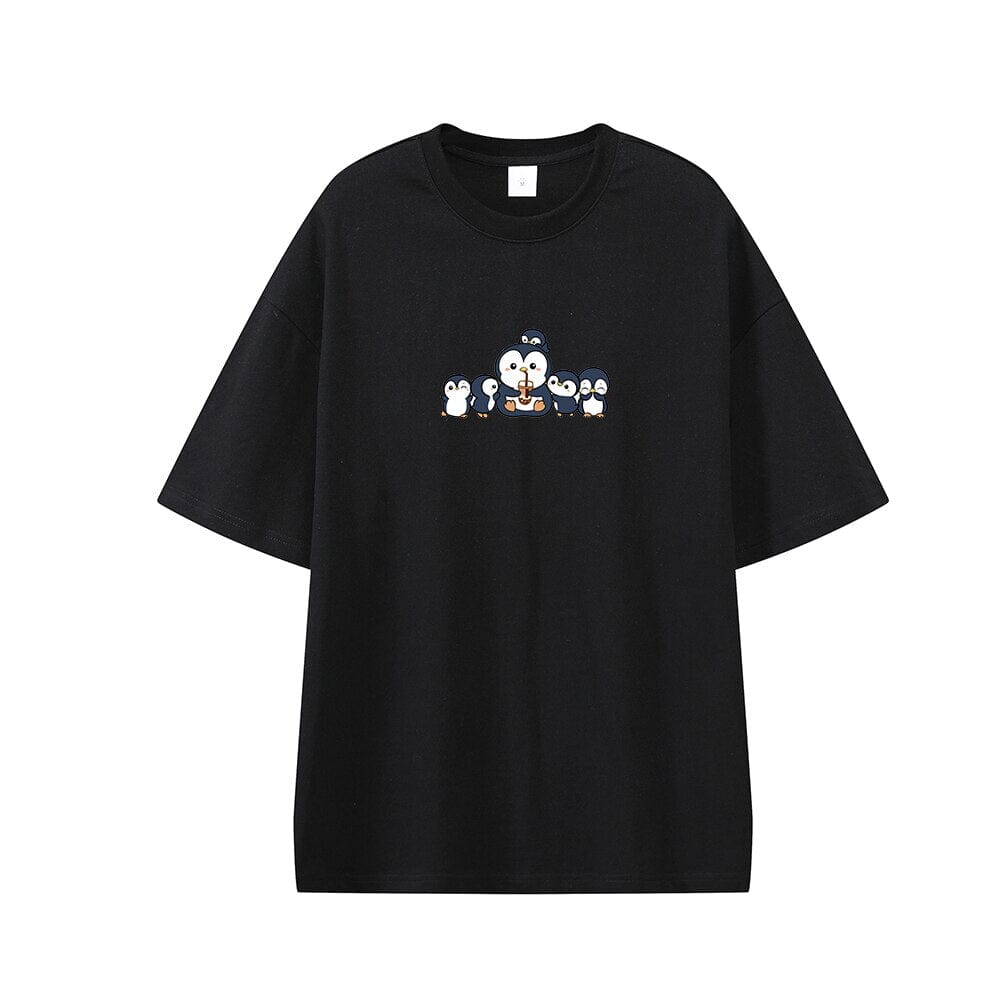 Penguin and Friends Oversized Drop Shoulder T-Shirt 0 Bobo&#39;s House Black XS 