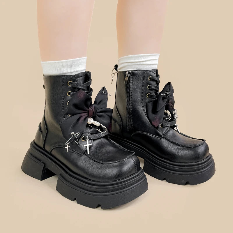 Amy and Michael Fashionable Trendy Ladies Booties Retro Lolita Girls Black Chunky Boots Female Woman Handmade Ankle Boots Bobo&#39;s House 