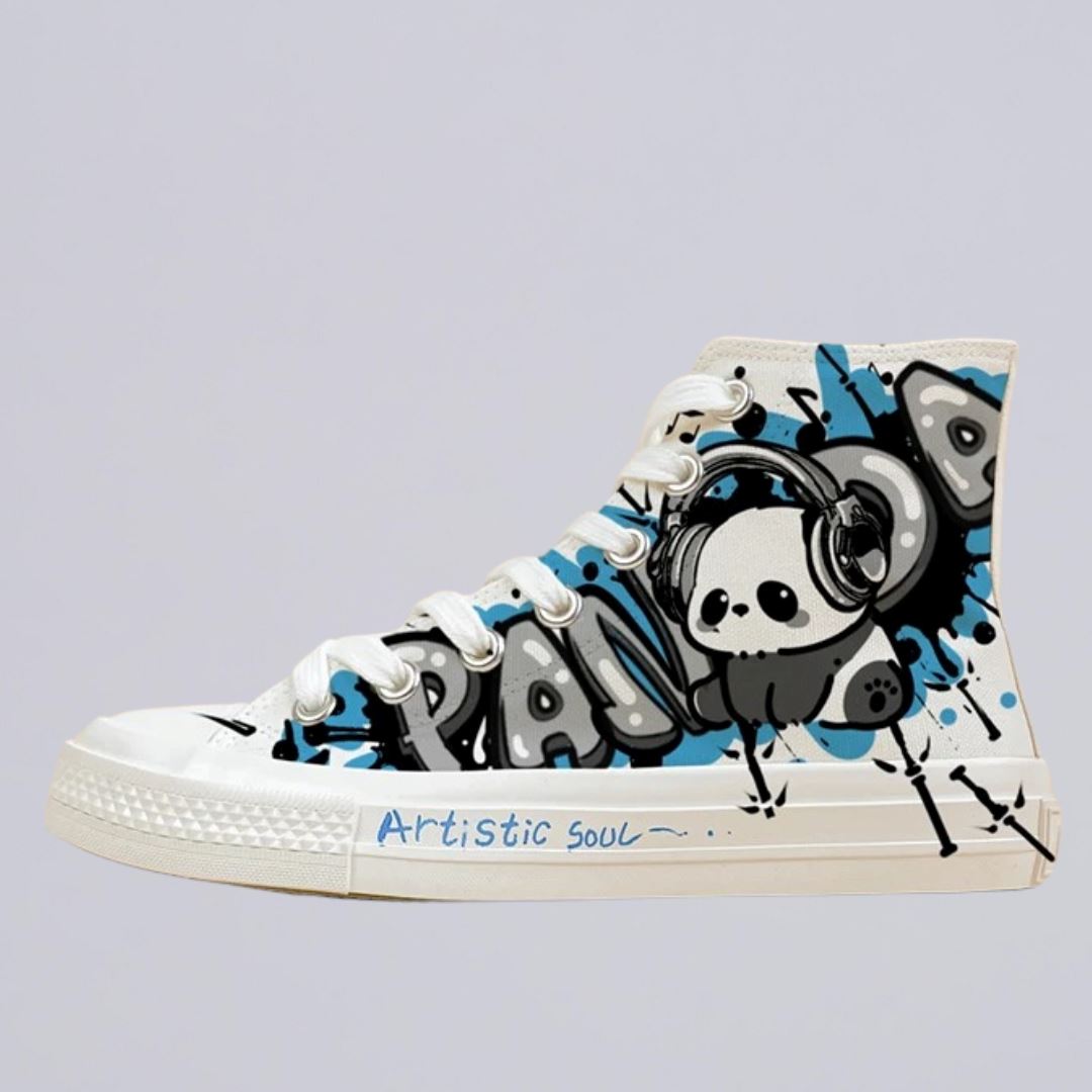 Amy and Michael Original Design Anime Cartoon Panda Shoes Women Trendy High Top Sneakers Fashionable Handpainted Canvas Shoes Bobo&#39;s House 