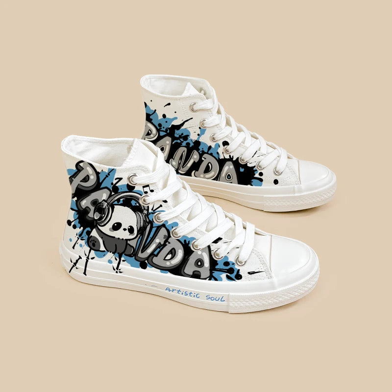 Amy and Michael Original Design Anime Cartoon Panda Shoes Women Trendy High Top Sneakers Fashionable Handpainted Canvas Shoes Bobo&#39;s House 