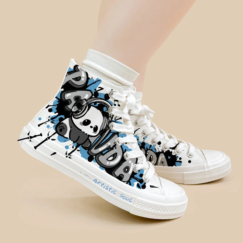 Amy and Michael Original Design Anime Cartoon Panda Shoes Women Trendy High Top Sneakers Fashionable Handpainted Canvas Shoes Bobo&#39;s House 