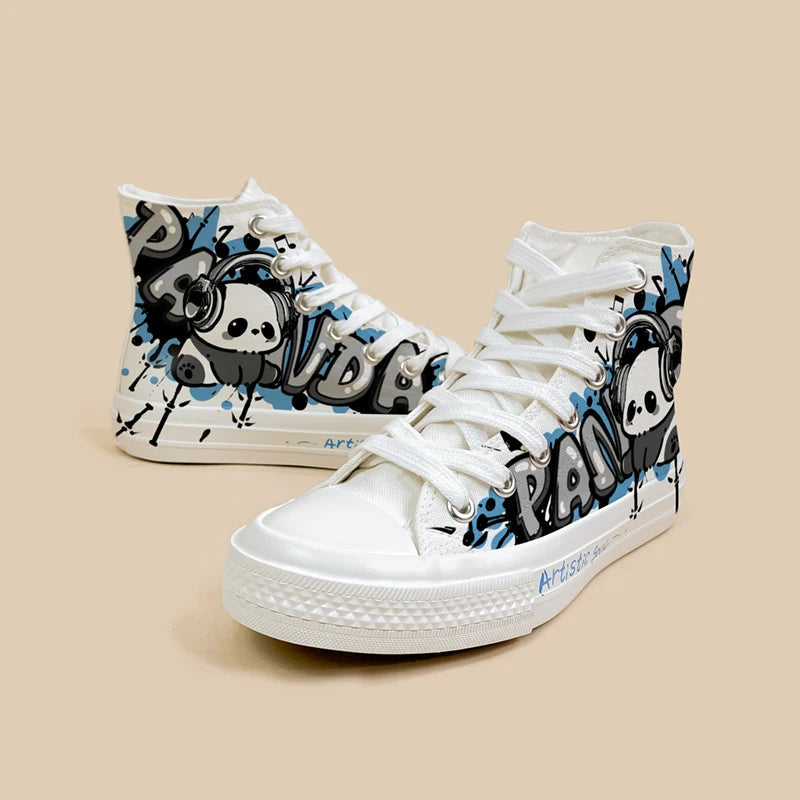 Amy and Michael Original Design Anime Cartoon Panda Shoes Women Trendy High Top Sneakers Fashionable Handpainted Canvas Shoes Bobo&#39;s House 