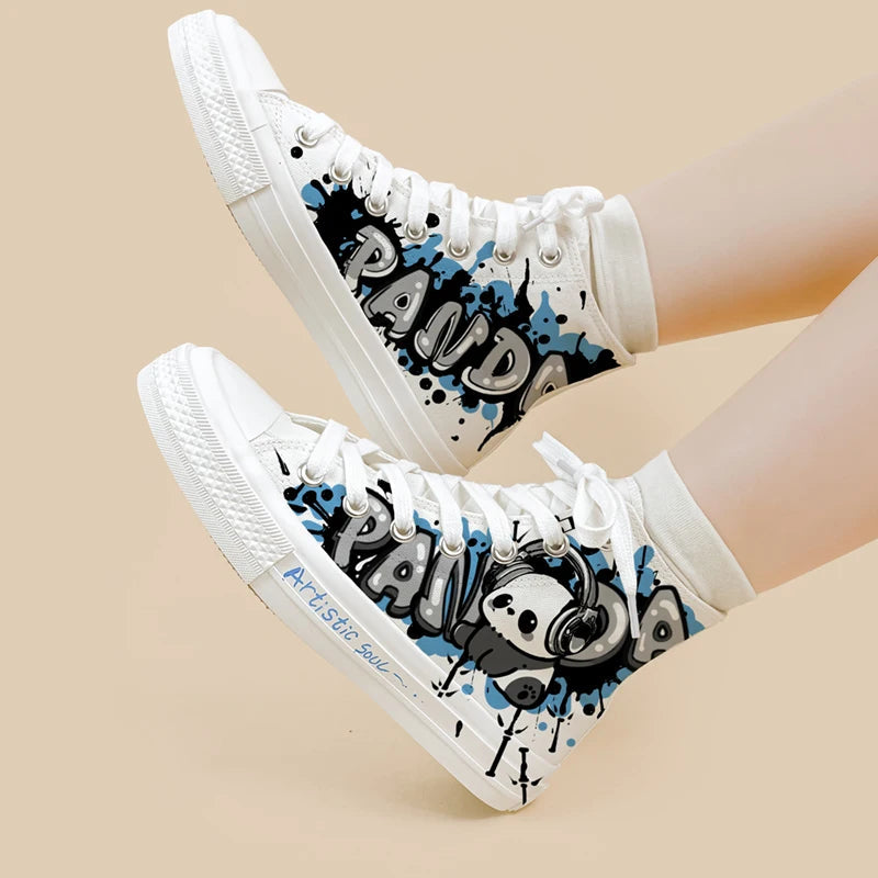 Amy and Michael Original Design Anime Cartoon Panda Shoes Women Trendy High Top Sneakers Fashionable Handpainted Canvas Shoes Bobo&#39;s House 