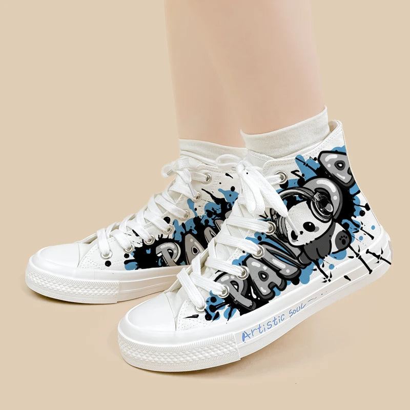 Amy and Michael Original Design Anime Cartoon Panda Shoes Women Trendy High Top Sneakers Fashionable Handpainted Canvas Shoes Bobo&#39;s House 