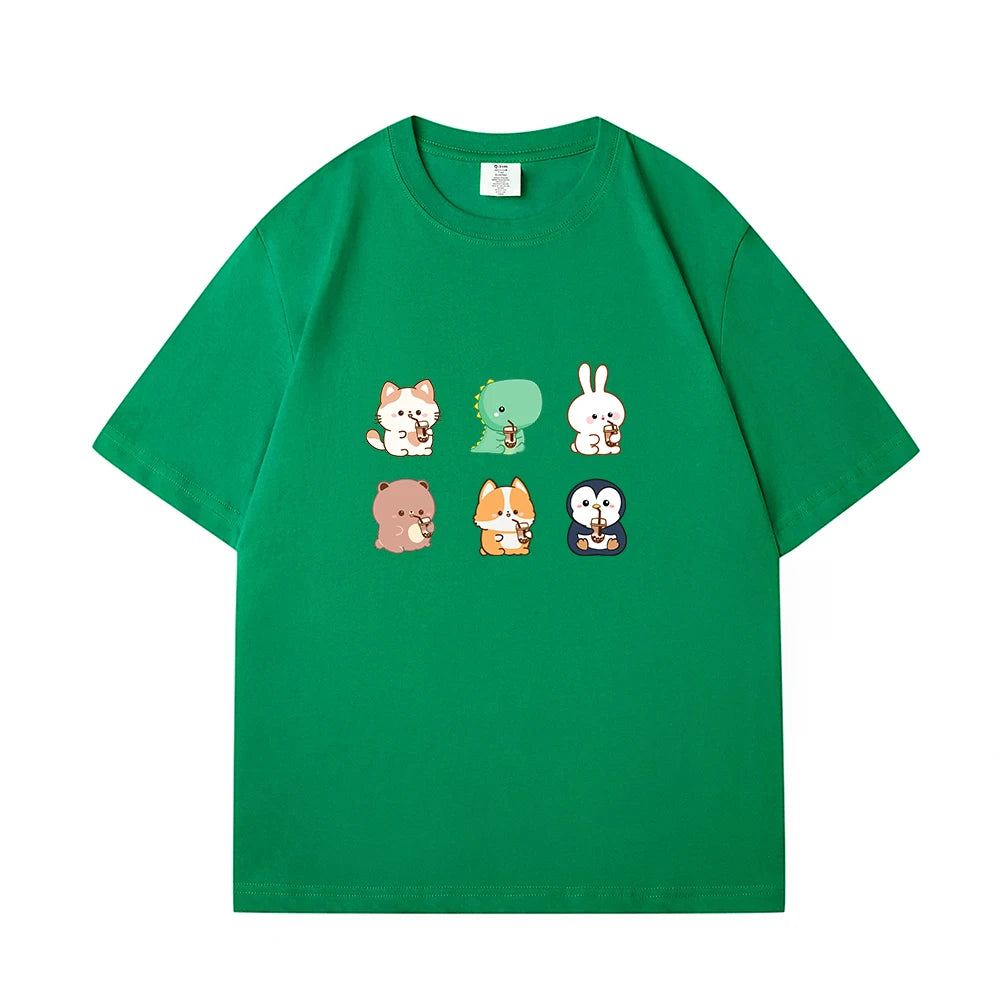 Boba Lovin Friends Loose Cotton T-Shirts Bobo&#39;s House Grass Green S 