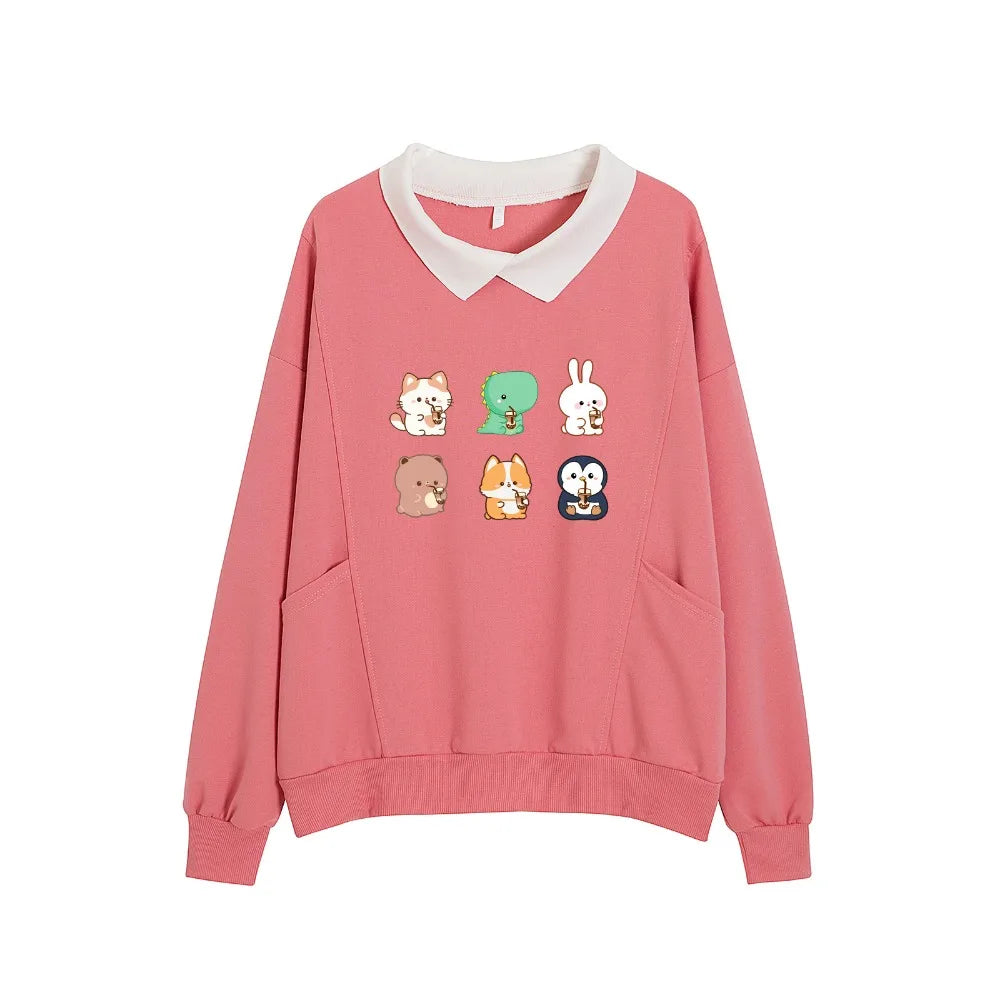 Boba Lovin Friends Oversize Collared Thin Sweaters Bobo&#39;s House Pink M 