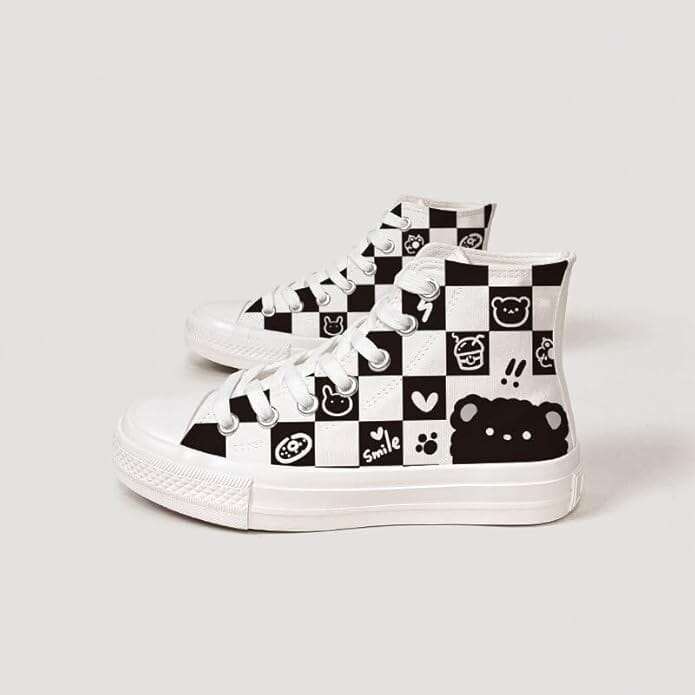 *CLEARANCE* Checkered Fluffy Bear High Top Canvas Shoes - Unisex 0 Bobo&#39;s House 