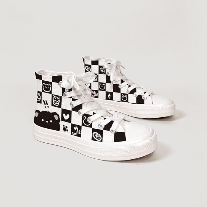 *CLEARANCE* Checkered Fluffy Bear High Top Canvas Shoes - Unisex 0 Bobo&#39;s House 