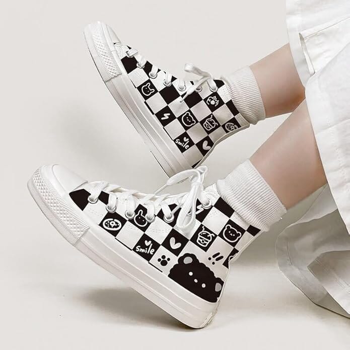 *CLEARANCE* Checkered Fluffy Bear High Top Canvas Shoes - Unisex 0 Bobo&#39;s House 