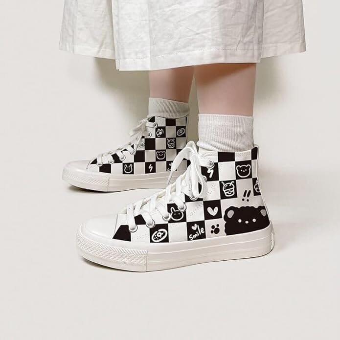 *CLEARANCE* Checkered Fluffy Bear High Top Canvas Shoes - Unisex 0 Bobo&#39;s House 