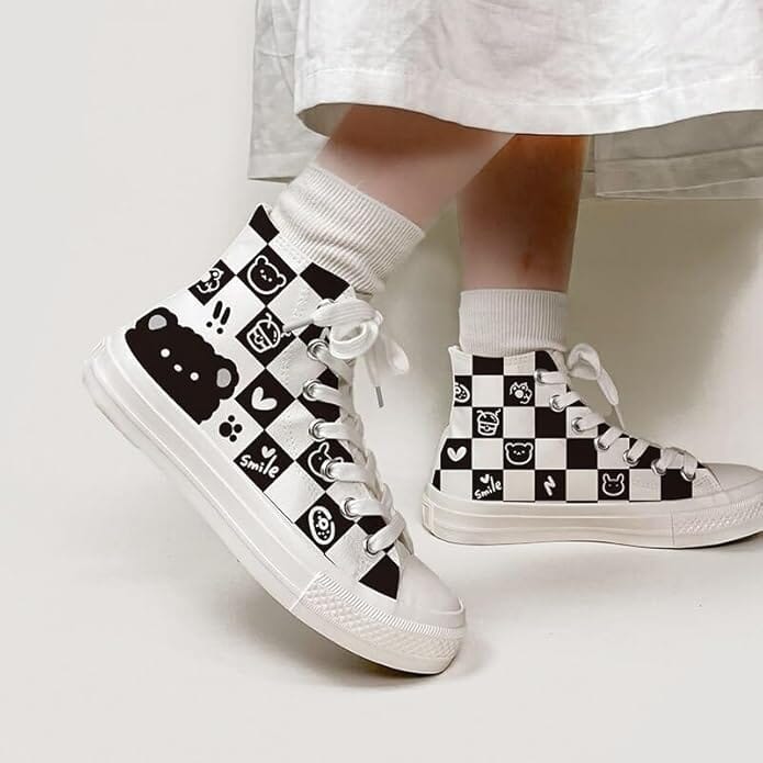 *CLEARANCE* Checkered Fluffy Bear High Top Canvas Shoes - Unisex 0 Bobo&#39;s House 