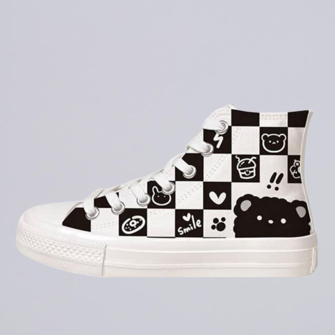 *CLEARANCE* Checkered Fluffy Bear High Top Canvas Shoes - Unisex 0 Bobo&#39;s House M 4 | W 6 | EU 37 