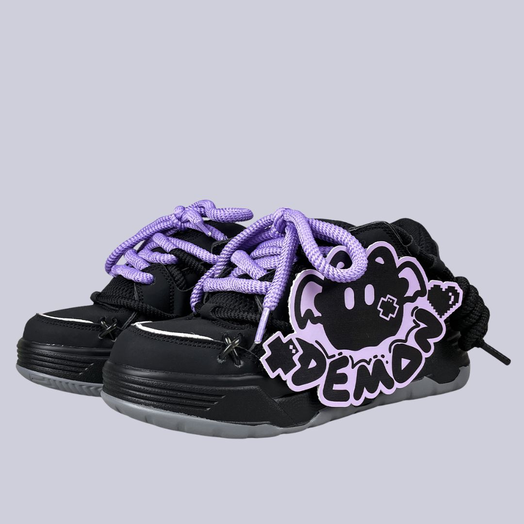 Dark Kawaii Demon Purple Lace Chunky Black Sneakers – Unisex