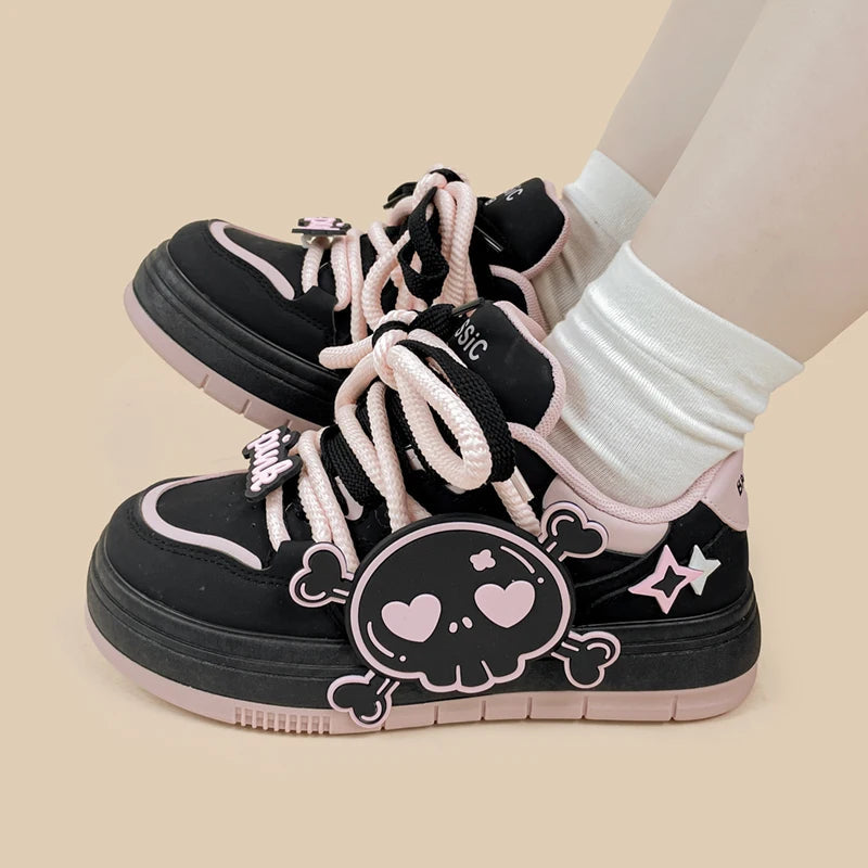 Deadly Pink Skull Black Chunky Sneakers - Women&#39;s Bobo&#39;s House 