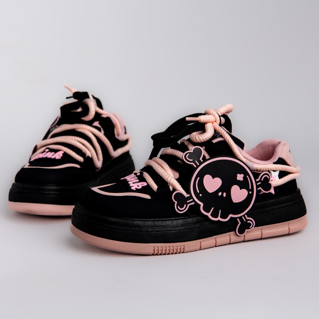 Deadly Pink Skull Black Chunky Sneakers - Women&#39;s Bobo&#39;s House 