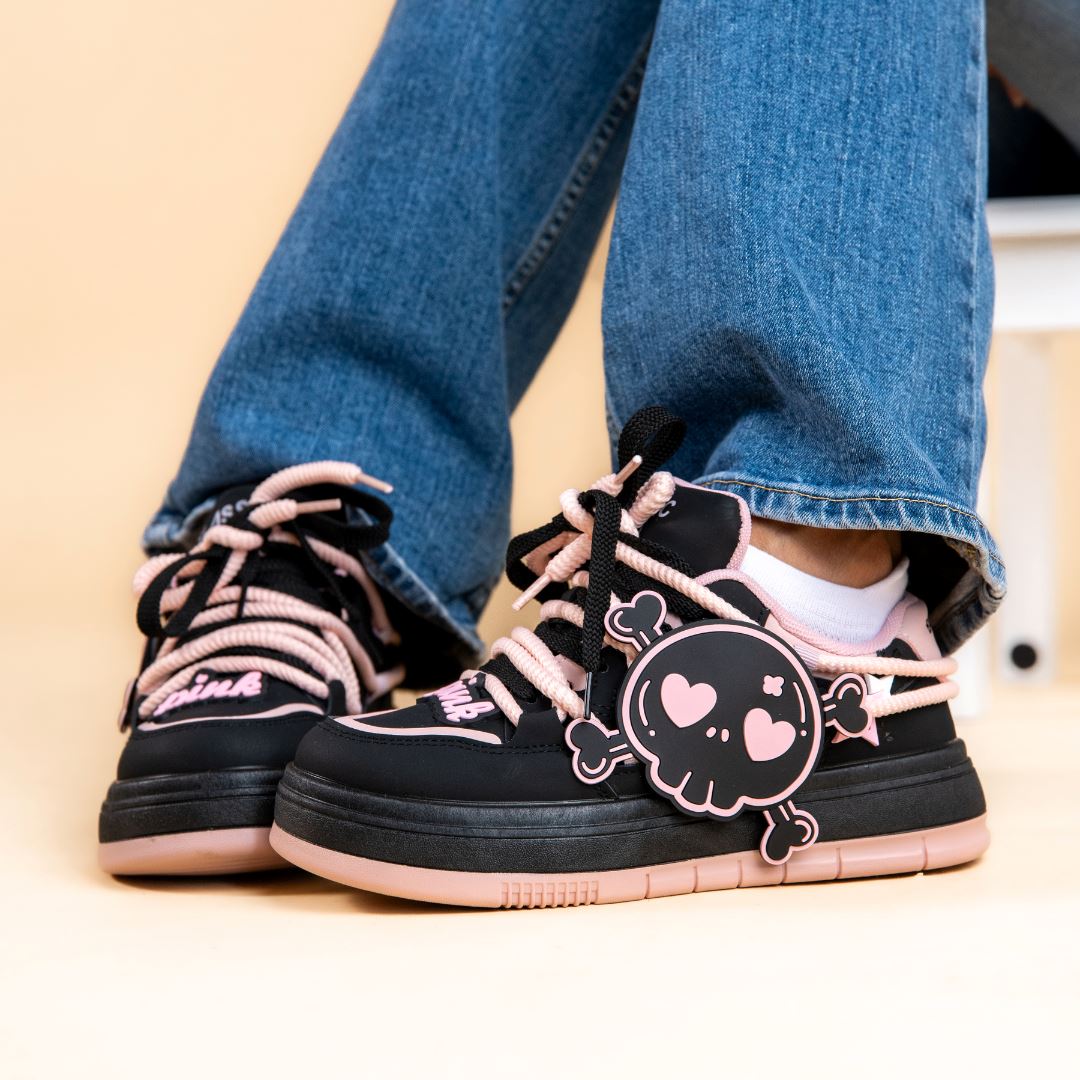 Deadly Pink Skull Black Chunky Sneakers - Women&#39;s Bobo&#39;s House 