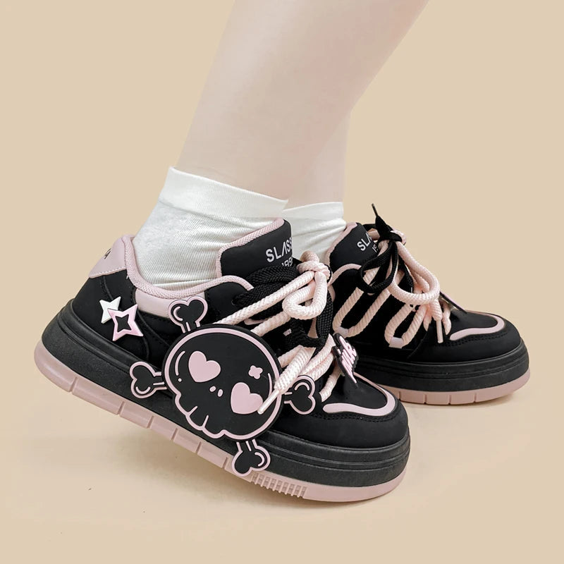 Deadly Pink Skull Black Chunky Sneakers - Women&#39;s Bobo&#39;s House 