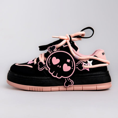 Deadly Pink Skull Black Chunky Sneakers - Women's Bobo's House US 5 | EU 35 