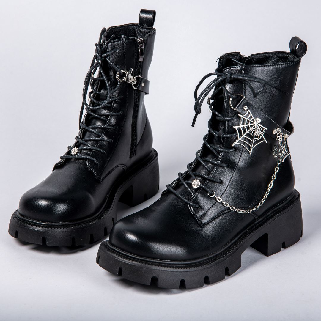 Halloween Edition Spider Webbed Black Leather Boots - Women&#39;s Bobo&#39;s House 