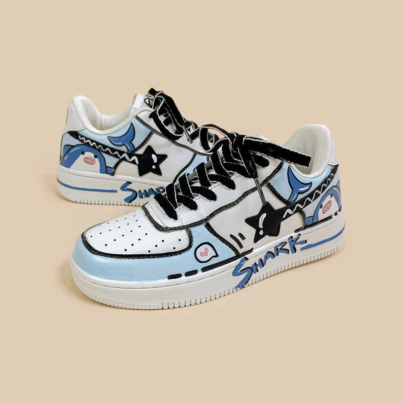 Hand Painted Blue Shark Casual White Shoes - Unisex Bobo&#39;s House 