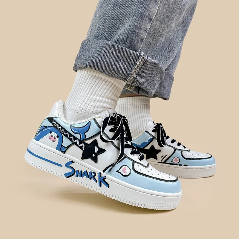 Hand Painted Blue Shark Casual White Shoes - Unisex Bobo&#39;s House 