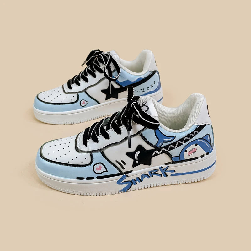 Hand Painted Blue Shark Casual White Shoes - Unisex Bobo&#39;s House 