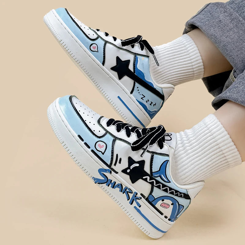 Hand Painted Blue Shark Casual White Shoes - Unisex Bobo&#39;s House 