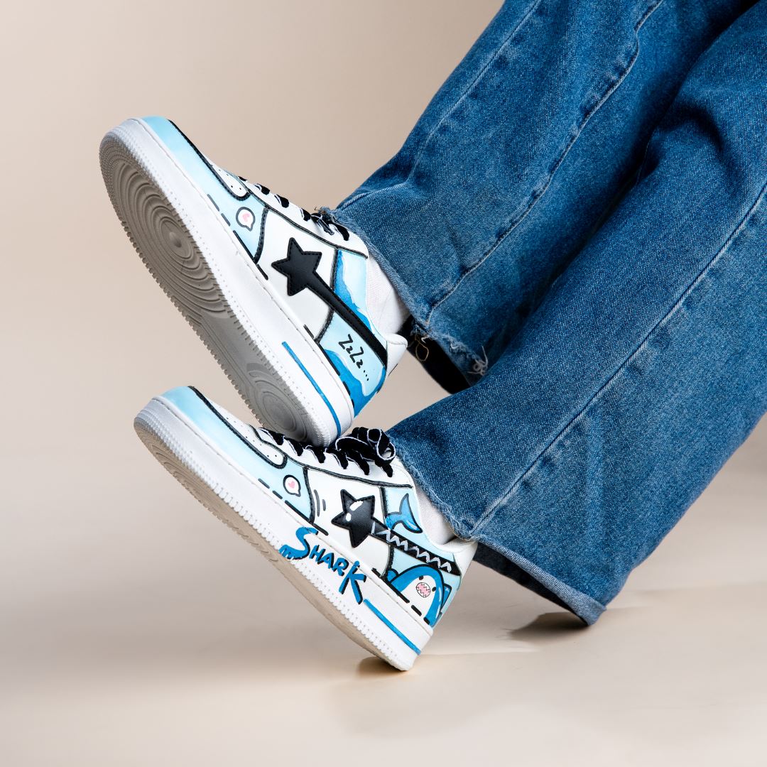 Hand Painted Blue Shark Casual White Shoes - Unisex Bobo&#39;s House 