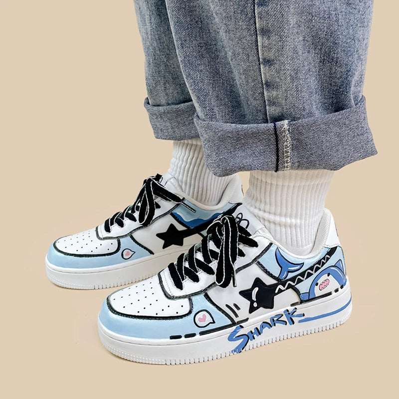 Hand Painted Blue Shark Casual White Shoes - Unisex Bobo&#39;s House 