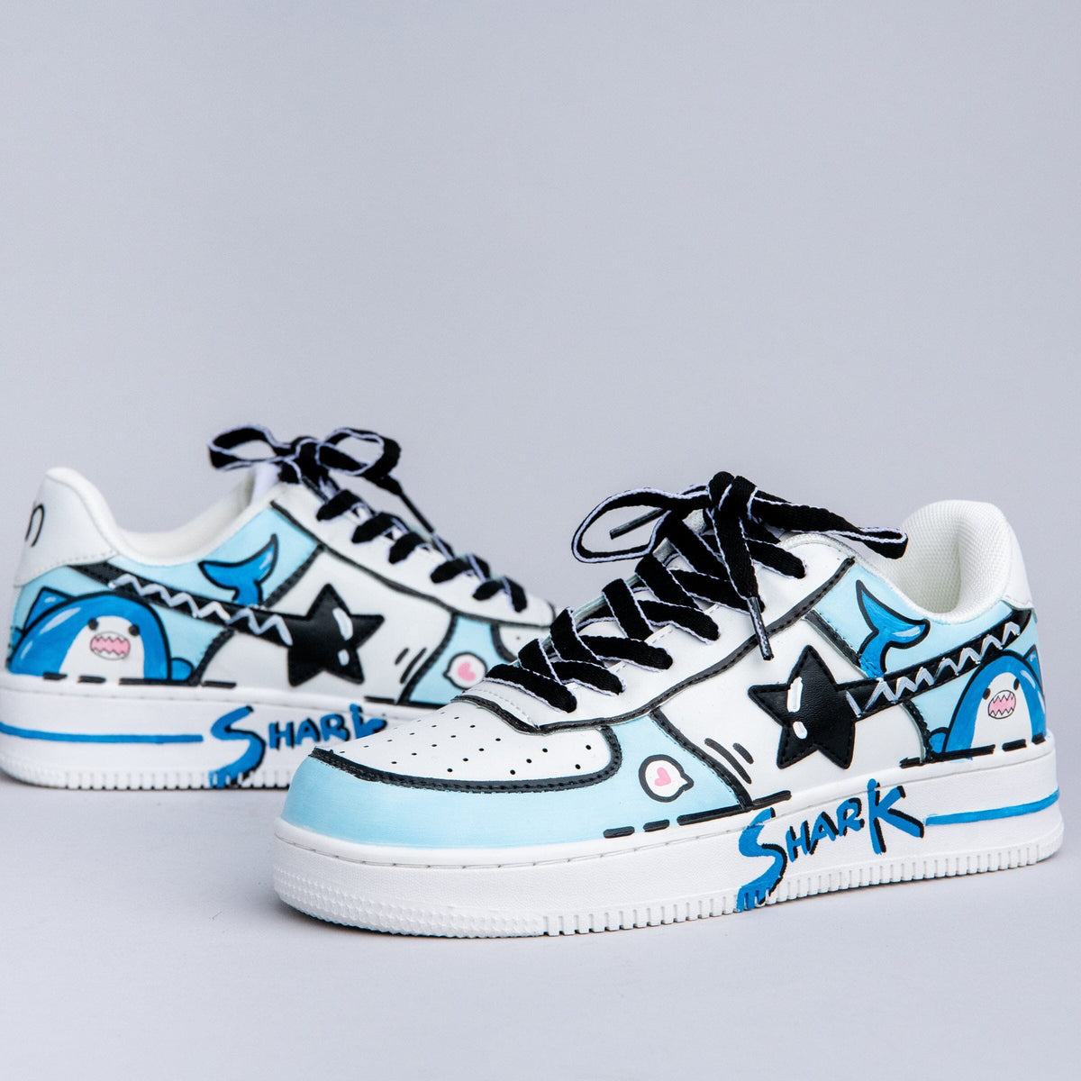 Hand Painted Blue Shark Casual White Shoes - Unisex Bobo&#39;s House 