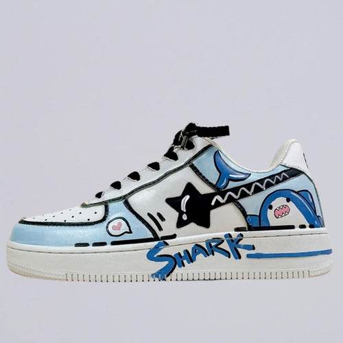 Hand Painted Blue Shark Casual White Shoes - Unisex Bobo's House M 3.5 | W 5.5 | EU 36 