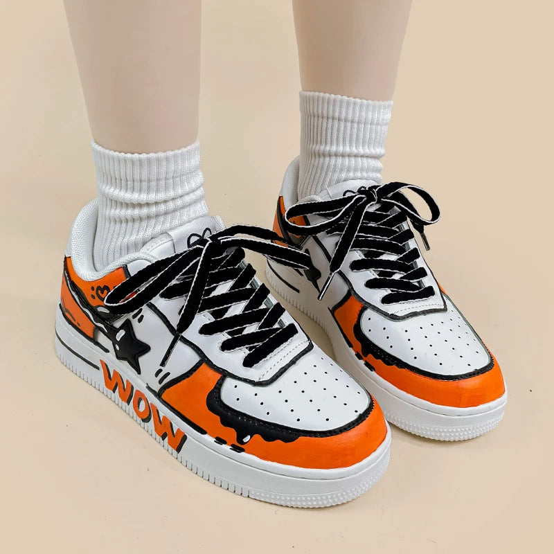 Hand Painted Bold Orange Casual White Shoes - Unisex Bobo&#39;s House 