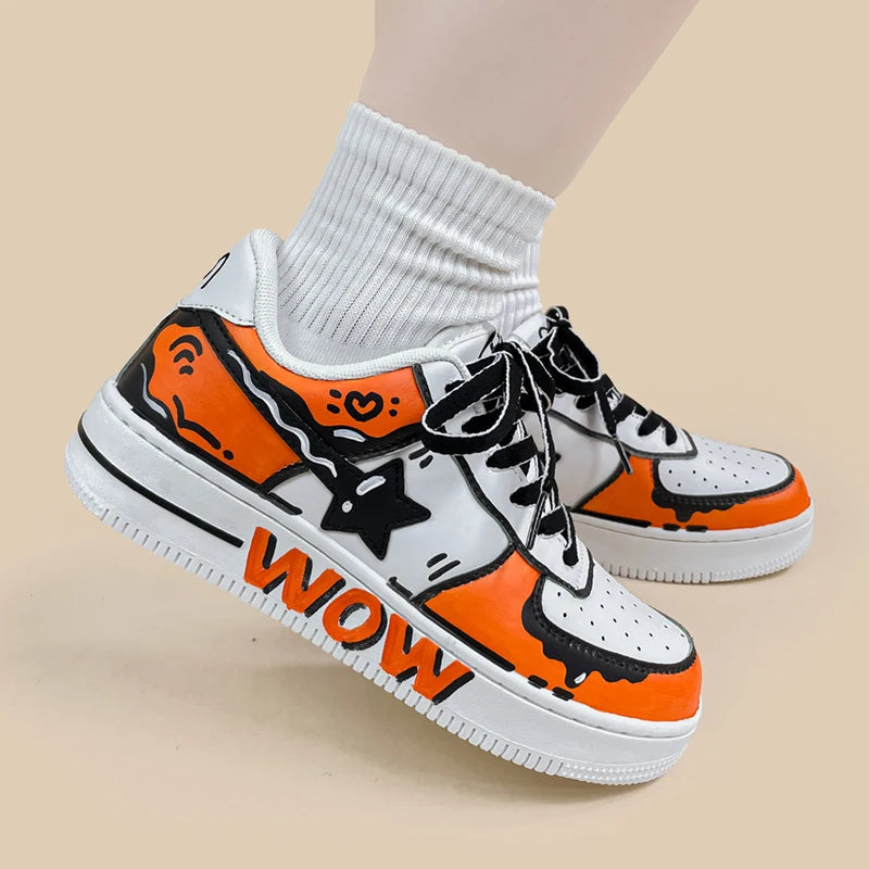 Hand Painted Bold Orange Casual White Shoes - Unisex Bobo&#39;s House 