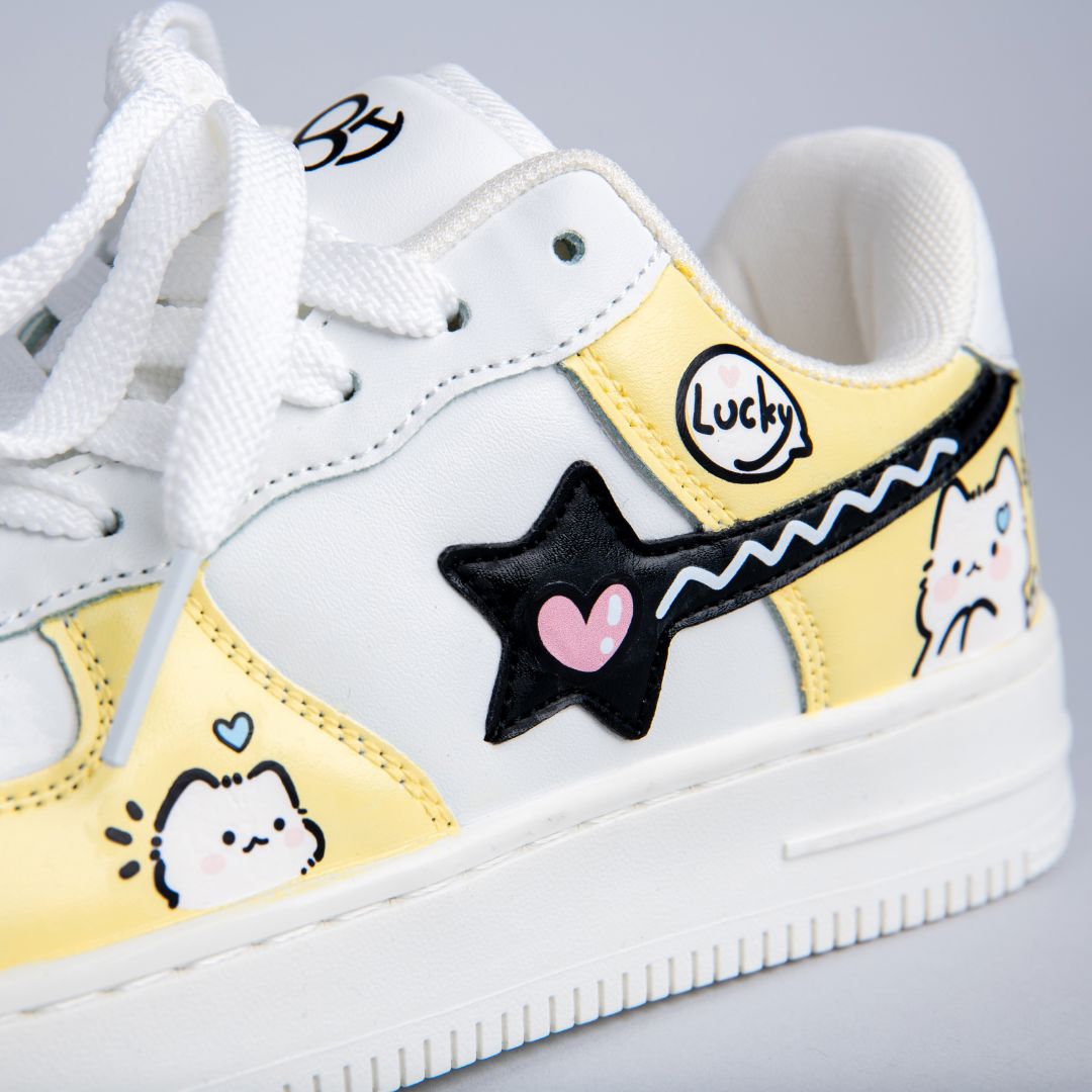 Hand Painted Lucky Cat Butter Yellow Sneakers - Unisex Cat Bobo's House M 3.5 | W 5.5 | EU 36 