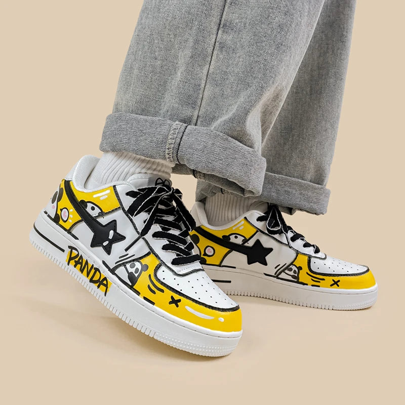 Hand Painted Yellow Panda Casual White Shoes - Unisex Bobo&#39;s House 